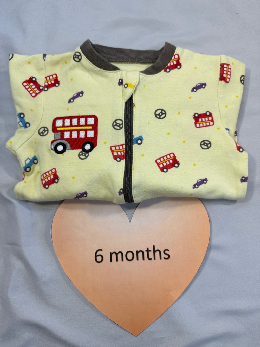 Tuffy - Yellow Baby Onesie with Red double decker Bus Print